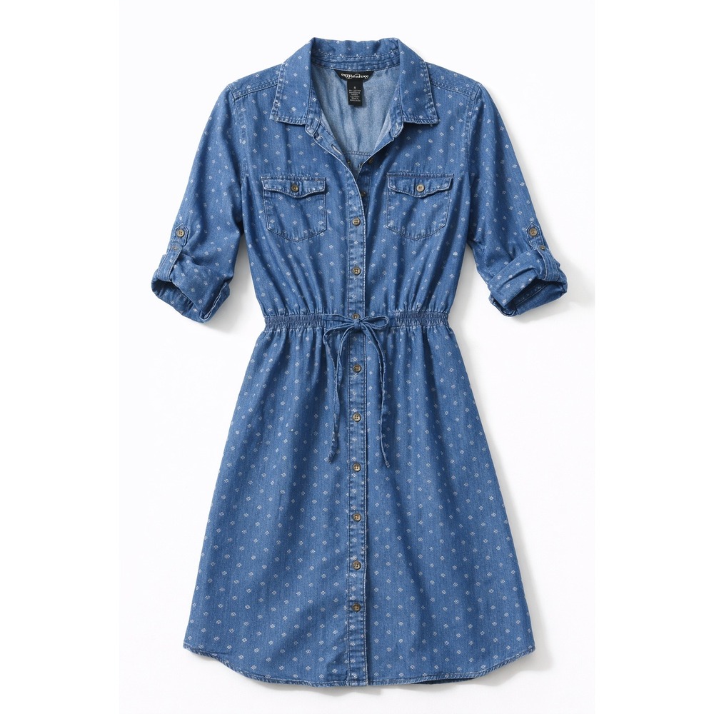 Millenium Chambray Shirt Dress Button Front Elastic Waist Small Classic Modest‎